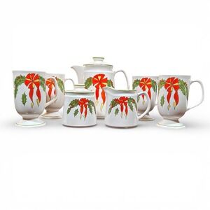 Vintage 1980s-1990s Christmas Holly Bow Ceramic Coffee & Mug Set w/ Original Box